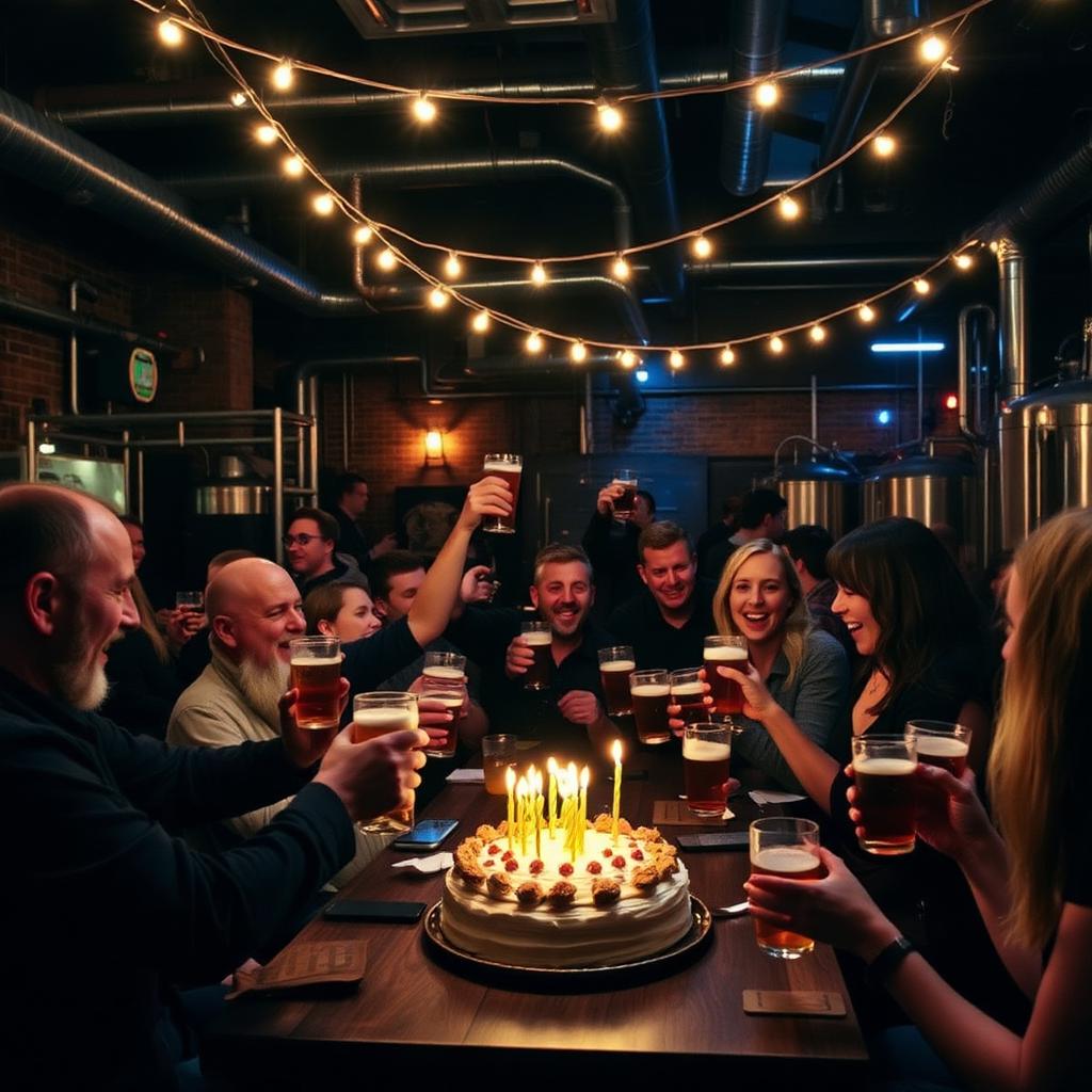 Group celebrating with a cake and pints