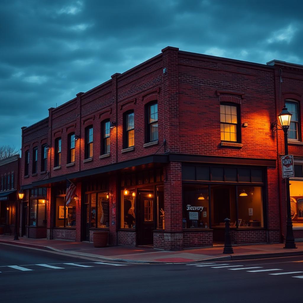 Red Buffalo Brewing brick storefront at dusk in downtown Statesville